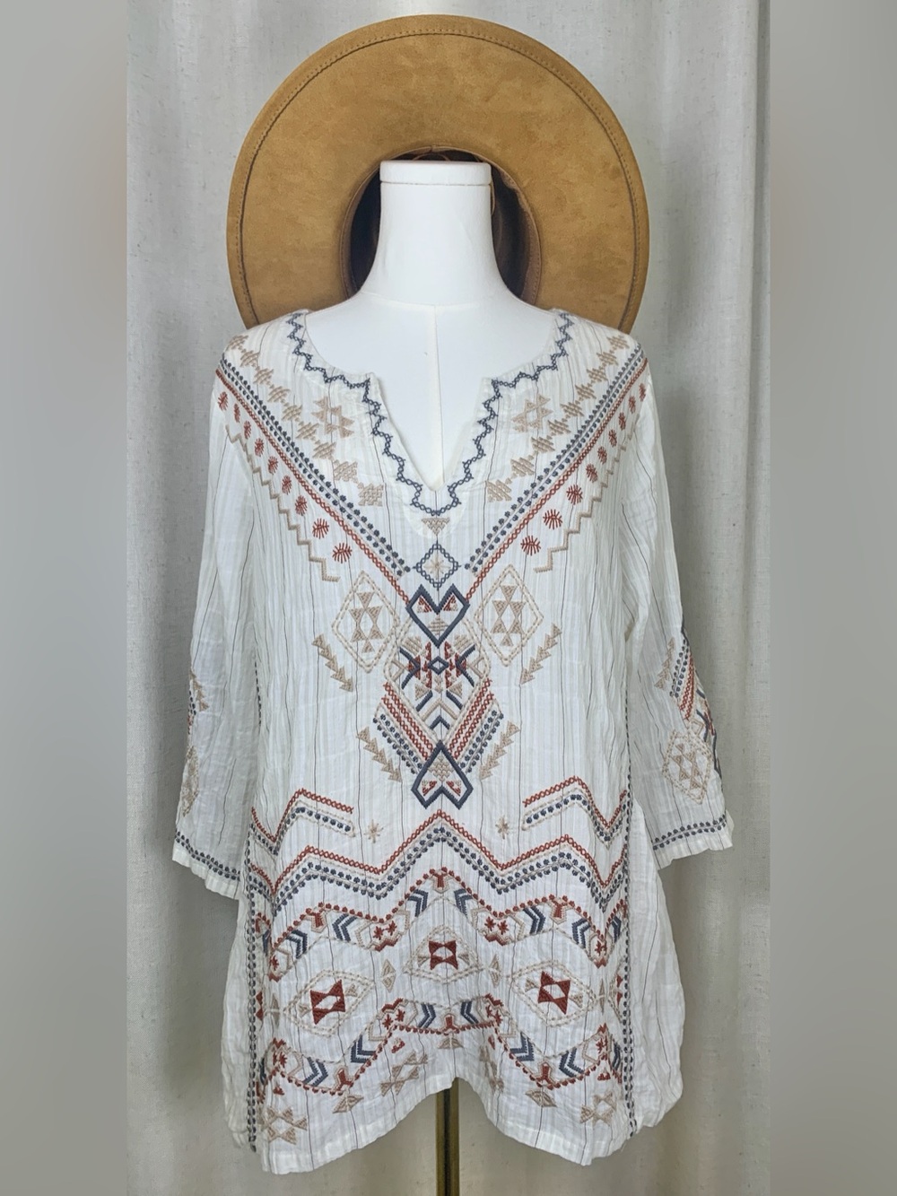 Johnny Was M Embroidered Boho Tunic Top White Gauze Geometric Peasant